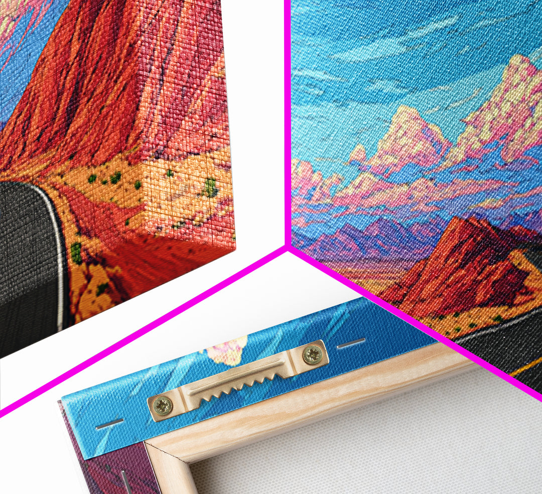 Red Canyon Highway Framed Canvas Print, Modern Wall Art, Retro Travel Poster Style, Colorful Landscape, Southwestern Decor