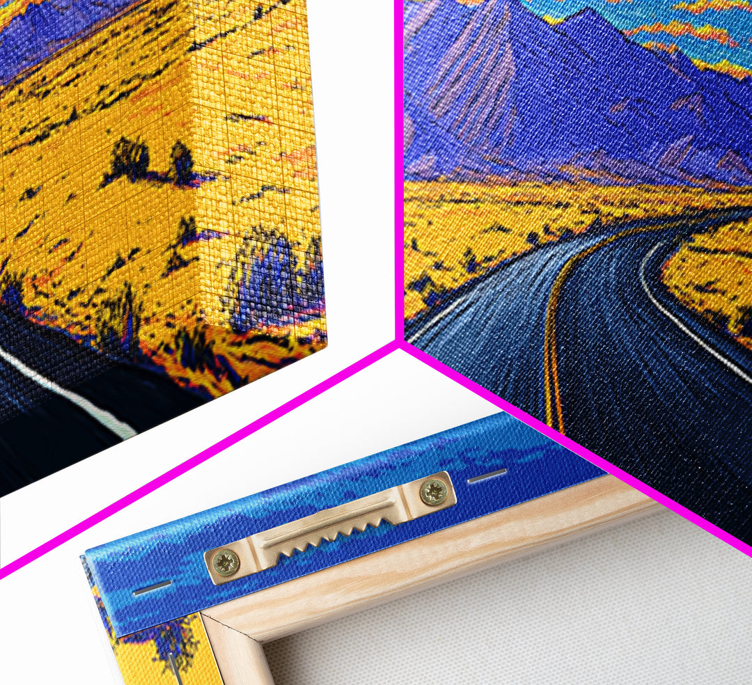 Vibrant Desert Highway And Purple Mountains Wall Art, Mid Century Modern Landscape Poster, Retro Road Trip Home Decor Print