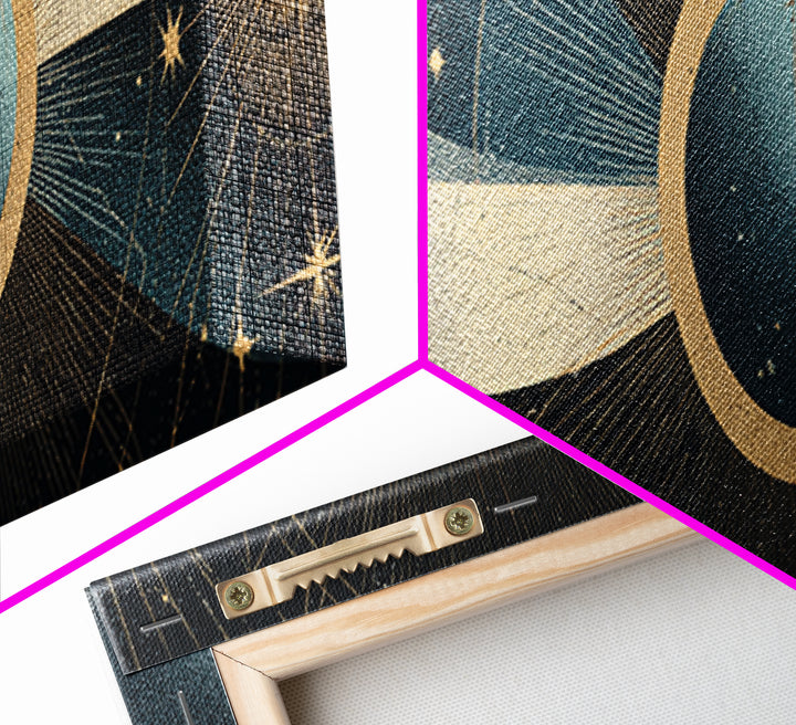Abstract Solar Eclipse With Golden Stars Wall Art, Mid Century Modern Celestial Poster, Cosmic Retro Print For Living Room