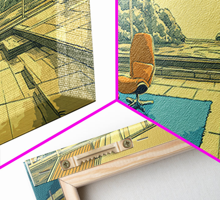 Teal Yellow Living Room With Mountain View Framed Canvas Print, Midcentury Modern Wall Decor, Retro MCM Architecture Home Art