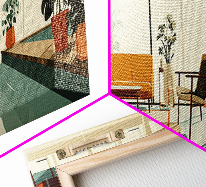 Sunny Plant Filled Living Room Wall Art, Midcentury Modern Decor, MCM Furniture, Retro Architectural Home Office Canvas Print