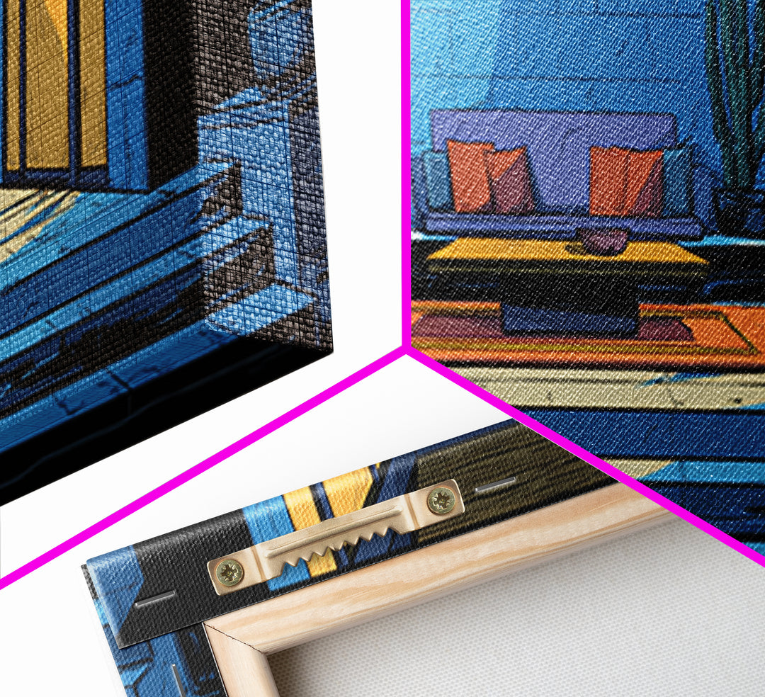 Blue Desert Courtyard With Cactus Wall Art, Midcentury Modern Decor, Retro Patio Architecture, MCM Large Framed Canvas Print