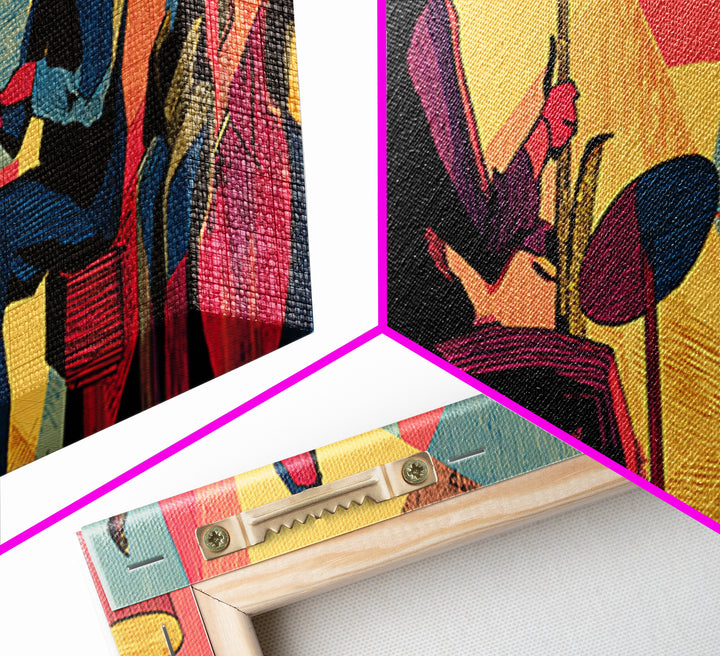 Vibrant Jazz Trio And Bass Canvas Print, Midcentury Modern Wall Art, Colorful Music Poster, Bold Retro Living Room Decor