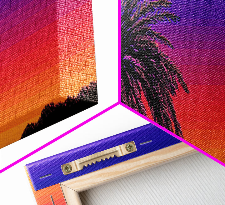 Vibrant Double Palm Sunset Framed Canvas Print, Retro 70s Wall Decor, Tropical Palm Springs Art, Colorful Bedroom Poster