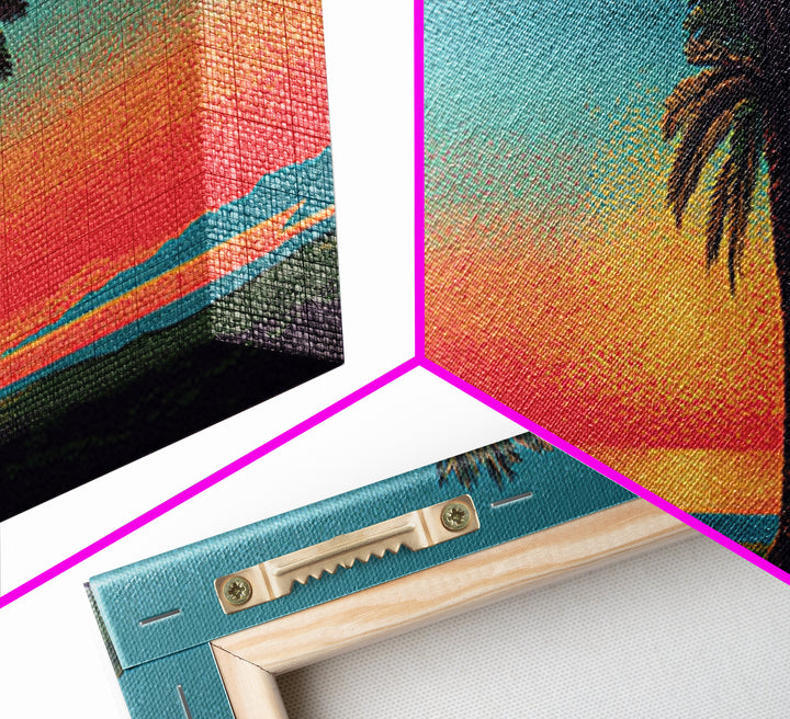 Grainy Palm Mountain Sunset Wall Art, Retro California Landscape Print, Teal Orange Mid Century Decor, Tropical Living Room Art