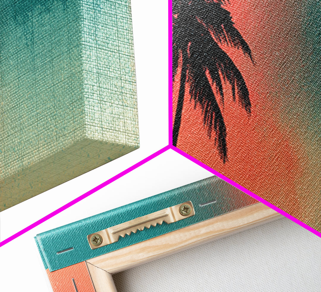 Leaning Palm Teal Coral Sky Wall Art, Retro Desert Landscape Print, Mid Century Modern Decor, Tropical California Poster
