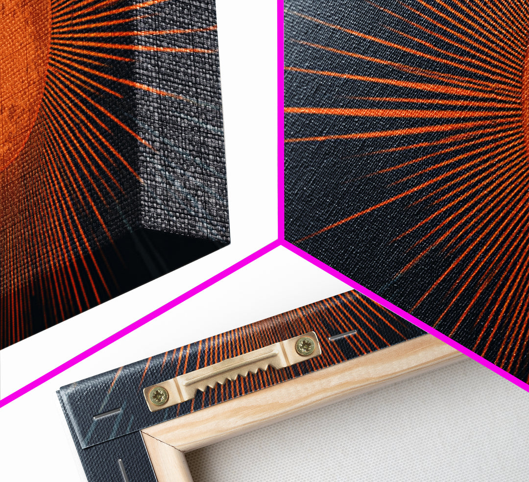 Orange Radiant Sunburst Wall Art, Atomic Mid Century Modern Print, Dark Navy Geometric Decor, Bold Solar Living Room Poster