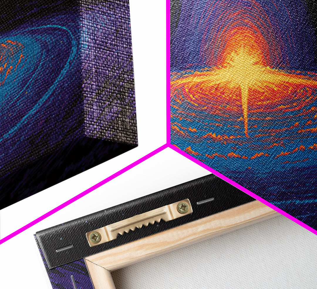 Cosmic Black Hole Galaxy Canvas Print, Retro Sci Fi Space Abstract Art, Neon Blue Orange Wall Decor, Modern Statement Poster