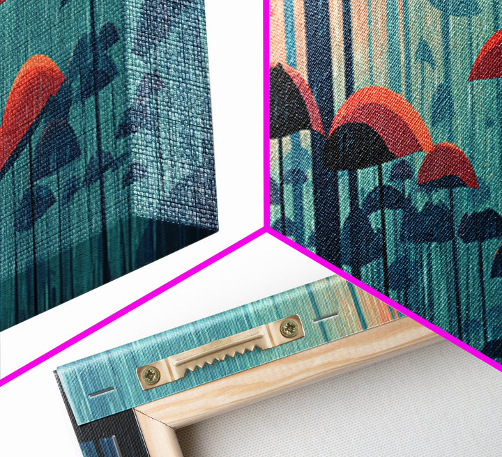 Teal Forest Umbrella Wall Art, Rainy Modern Art Print, Coral Blue Retro Decor, Atmospheric Living Room Canvas Print Gift