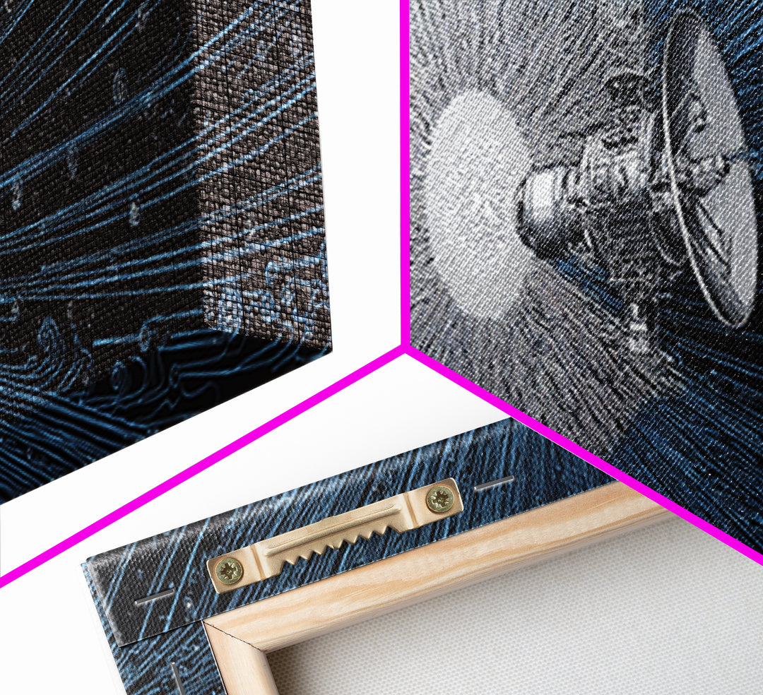 Deep Space Satellite Wall Art, Blue Sci Fi Retro Art, Modern Abstract Art Print, Large Panoramic Poster For Office Decor