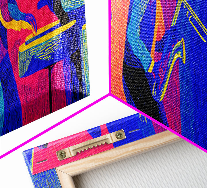 Bold Neon Jazz Band Canvas Print, Colorful Wall Art, Midcentury Modern Music Poster, Pop Art Funky Retro Living Room Decor