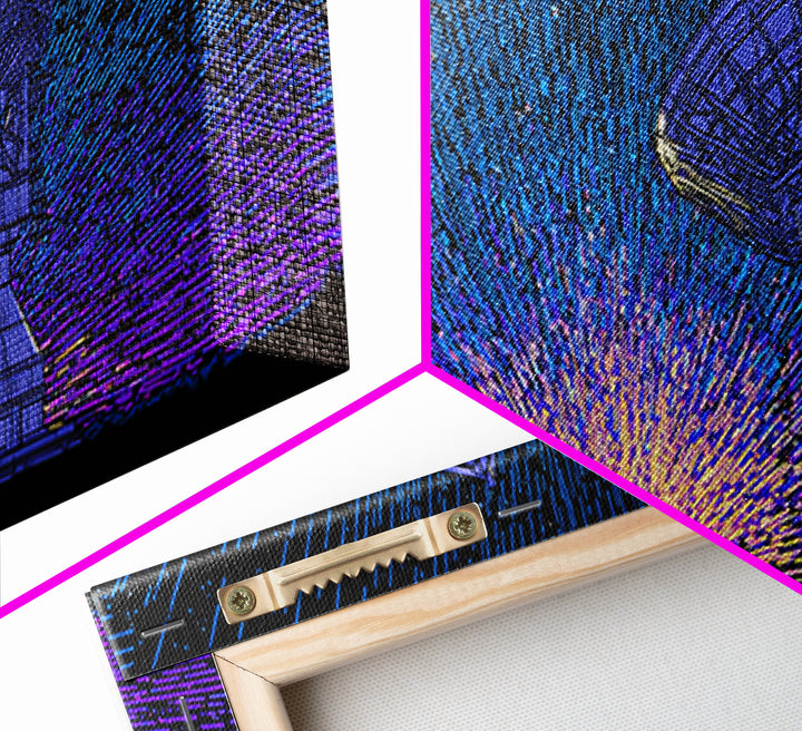 Blue Radio Telescope Starburst Wall Art, Retro Sci Fi Observatory Poster, Mid Century Modern Space Decor, Panoramic Canvas Print