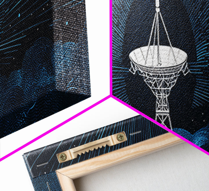 White Radio Telescope Moonlit Wall Art, Retro Sci Fi Observatory Print, Mid Century Modern Space Poster, Blue Panoramic Decor