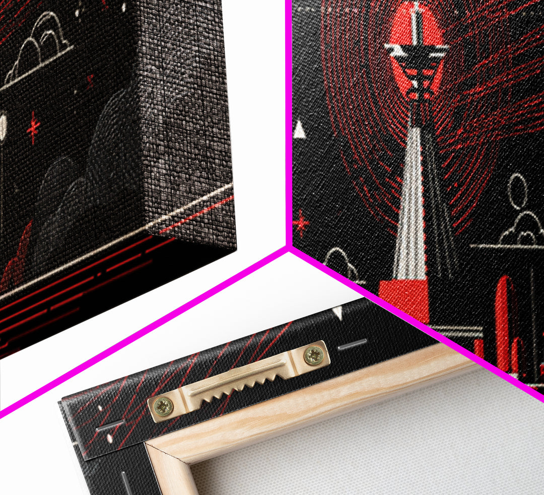 Red Observatory Beacon Wall Art, Retro Sci Fi Space Poster, Mid Century Modern Atomic Radio Telescope Panoramic Canvas Print
