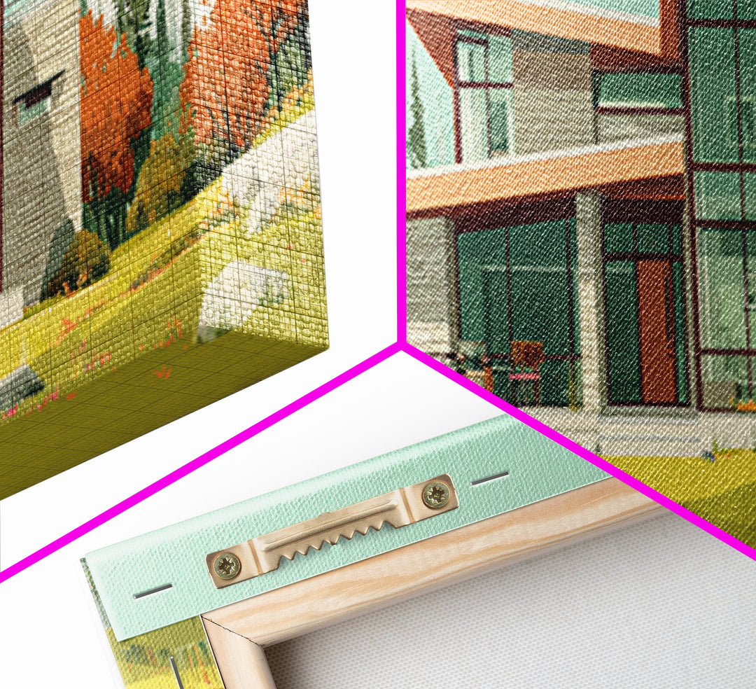 Autumn Glass Modern House Wall Art, Mid Century Modern Architecture Poster, Scandinavian Home Decor, Landscape Framed Canvas Print
