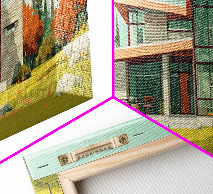 Autumn Glass Modern House Wall Art, Mid Century Modern Architecture Poster, Scandinavian Home Decor, Landscape Framed Canvas Print