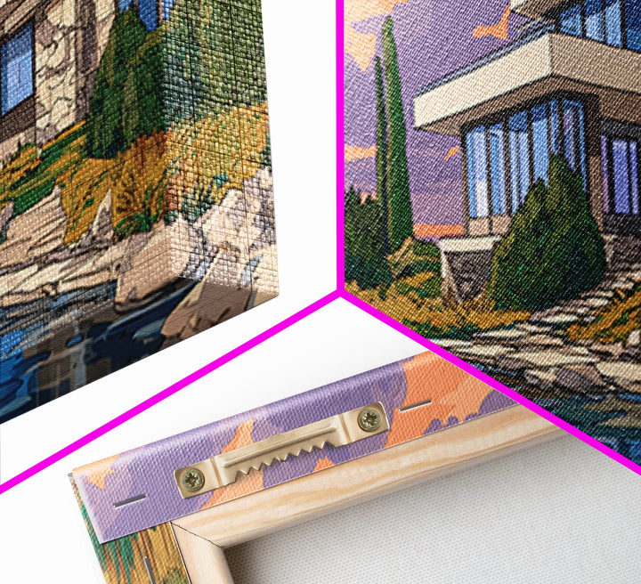 Lakeside Modernist Villa Wall Art, Sunset Mid Century Modern Architecture Poster, MCM Home Decor Scenic Framed Canvas Print