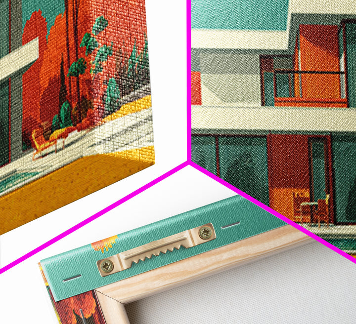 Orange Autumn Mid Century House Wall Art, Modern Architecture Poster, Retro Home Decor, Palm Springs Style Framed Canvas Print