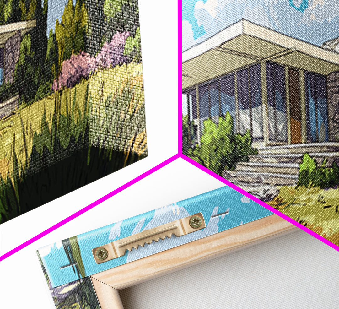 Modernist Garden Ranch House Wall Art, Mid Century Modern Architecture Poster, MCM Home Decor Landscape Framed Canvas Print