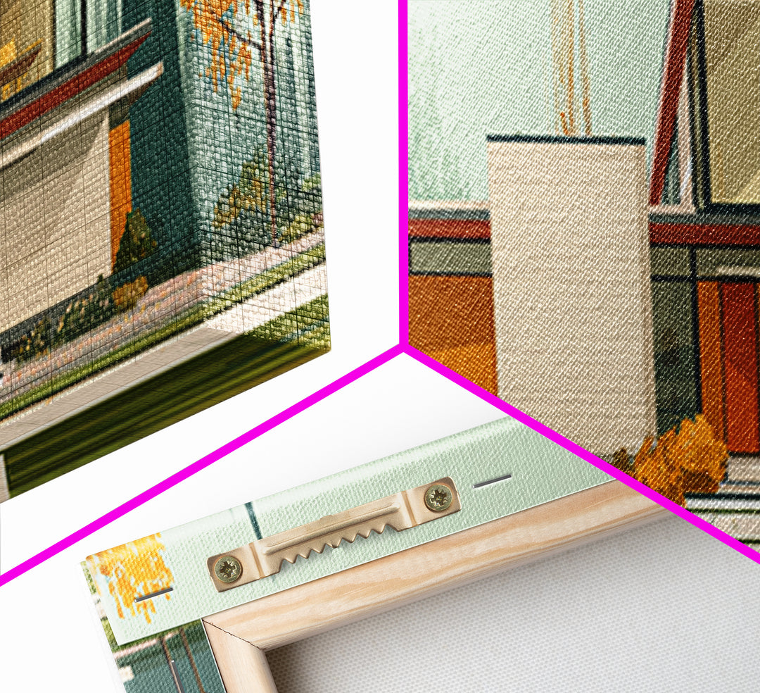 Midcentury Glass House Autumn Landscape Wall Art, Modern Architecture Print, MCM Decor, Retro Home Decor, Large Canvas Print