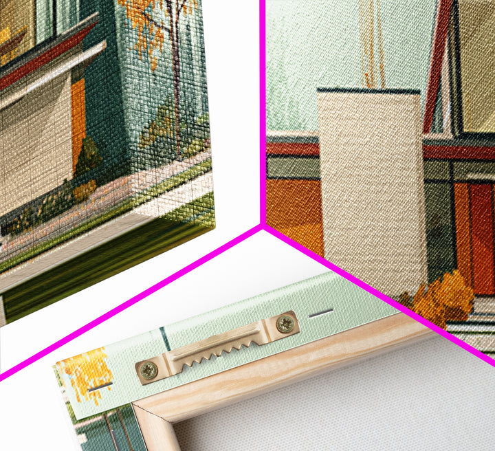 Midcentury Glass House Autumn Landscape Wall Art, Modern Architecture Print, MCM Decor, Retro Home Decor, Large Canvas Print