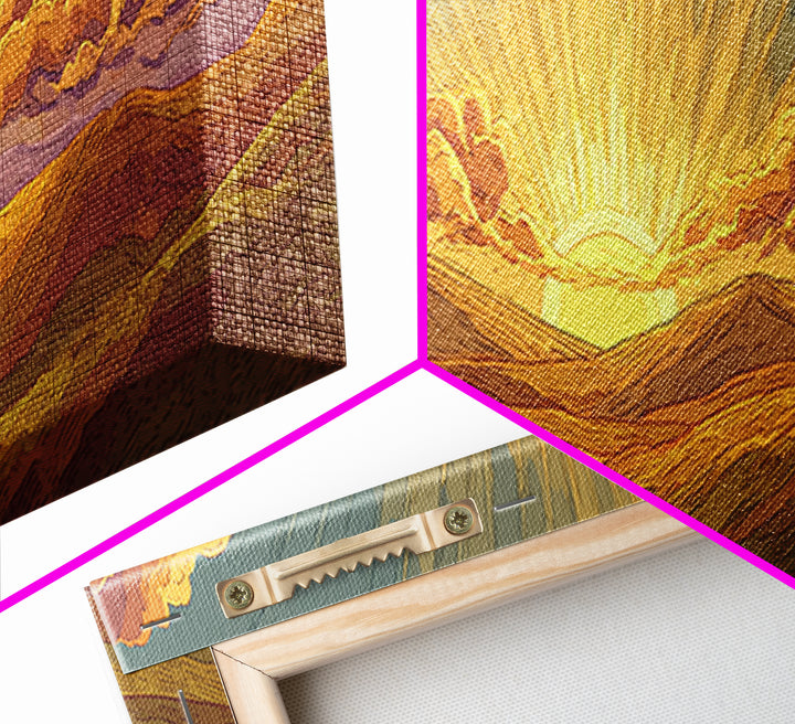 Golden Sunrise Over Desert Valley Framed Canvas Print, Retro Landscape Wall Art, Midcentury Modern Decor, Warm Boho Poster