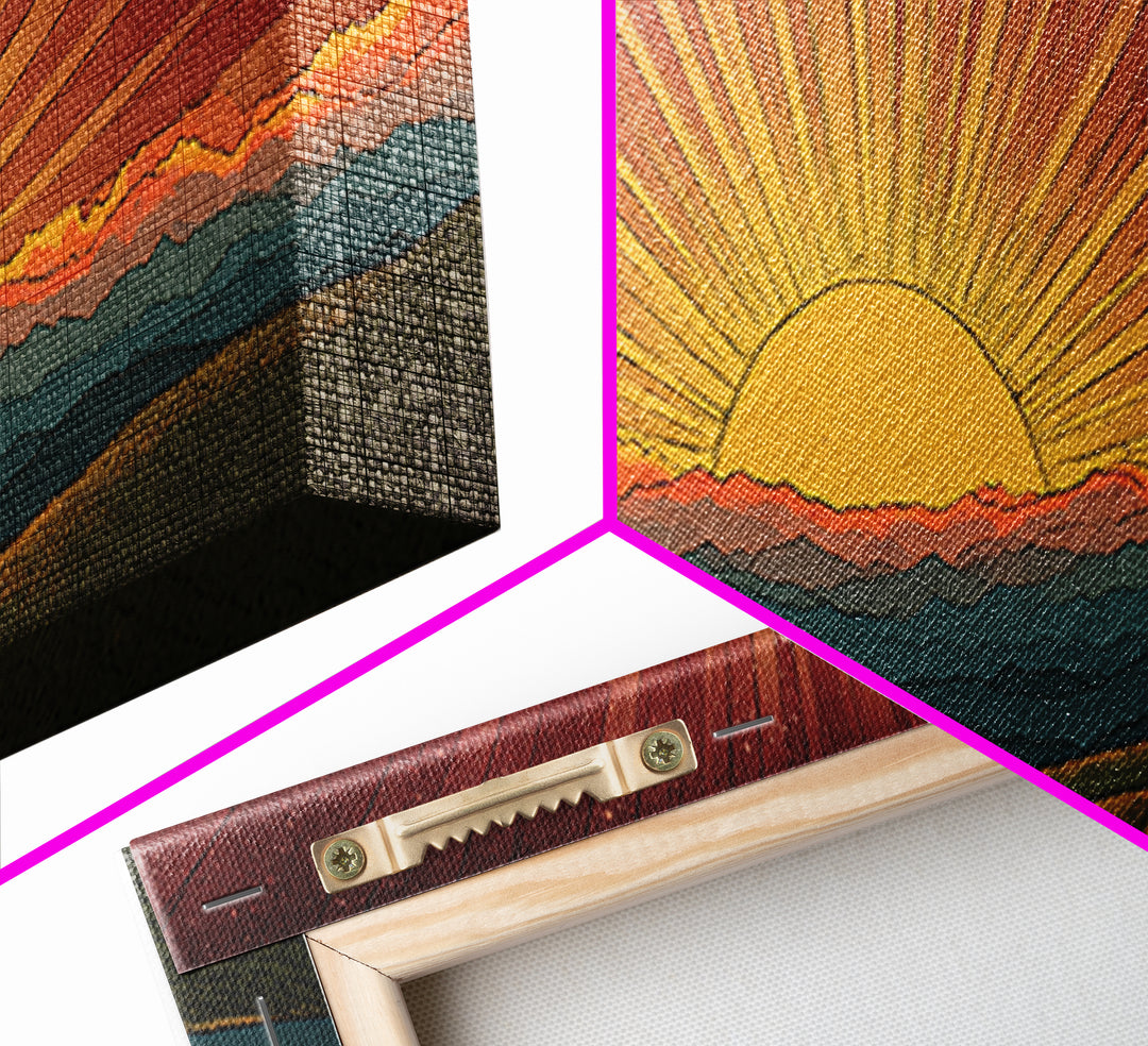 Radiant Orange Sunset Behind Blue Mountains Canvas Print, Midcentury Sun Wall Art, Retro Landscape Decor, MCM Home Poster