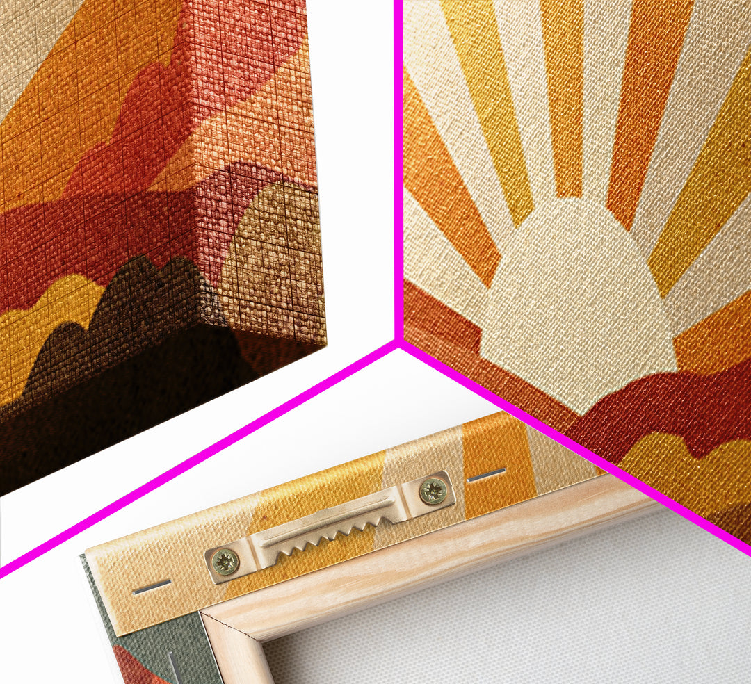 Warm Orange Sun Rays Over Abstract Hills Wall Art, Midcentury Modern Print, Retro Desert Decor, Minimalist Canvas Poster