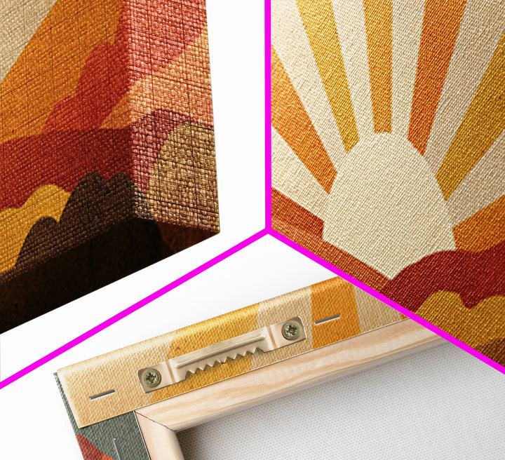 Warm Orange Sun Rays Over Abstract Hills Wall Art, Midcentury Modern Print, Retro Desert Decor, Minimalist Canvas Poster