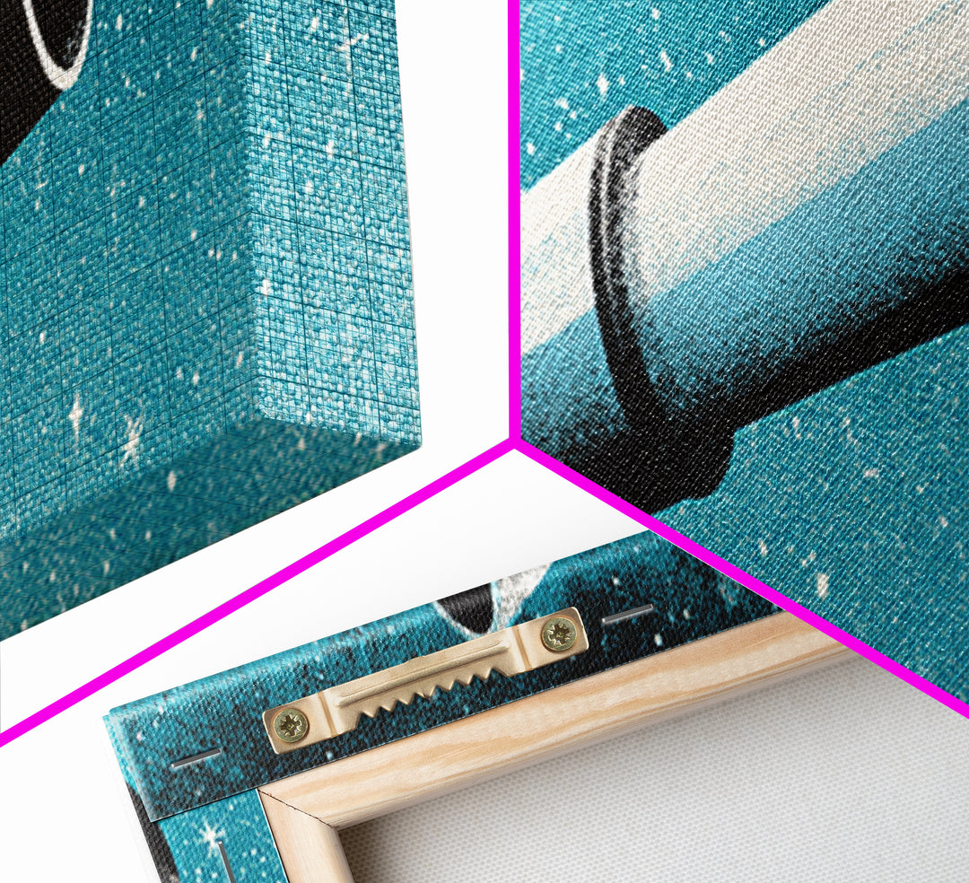 Close Up Blue Telescope Framed Canvas Print, Retro Astronomy Wall Art, Midcentury Modern Decor, Starry Space Poster, Office Art