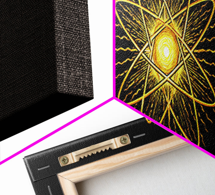 Golden Atomic Star On Black Canvas Print, Midcentury Modern Art, Retro Space Poster, Geometric Wall Decor, MCM Abstract Art