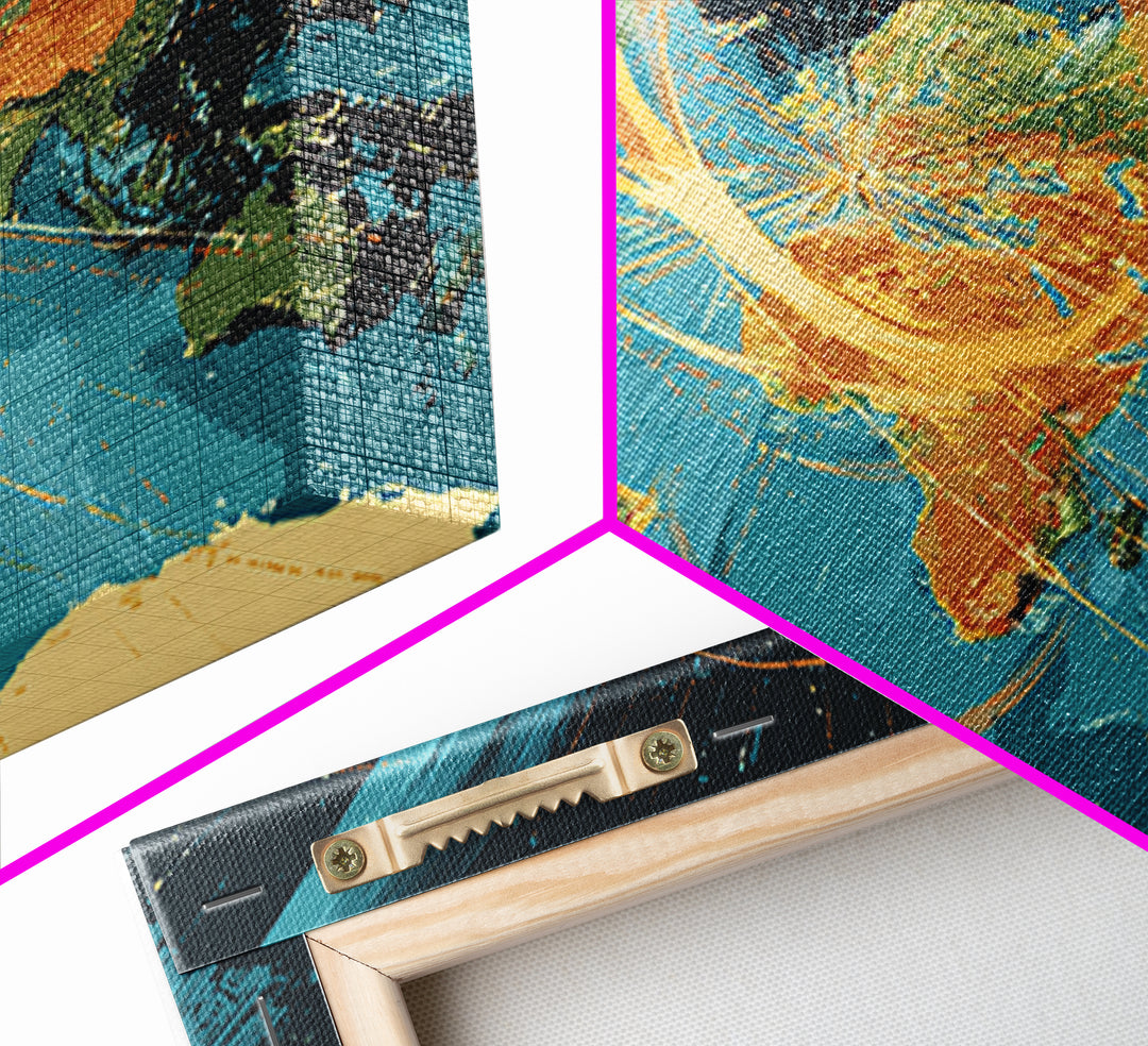 World Map With Orbital Energy Rings Framed Canvas Print, Retro Futurist Wall Art, Modern Abstract Art, Office Decor, MCM