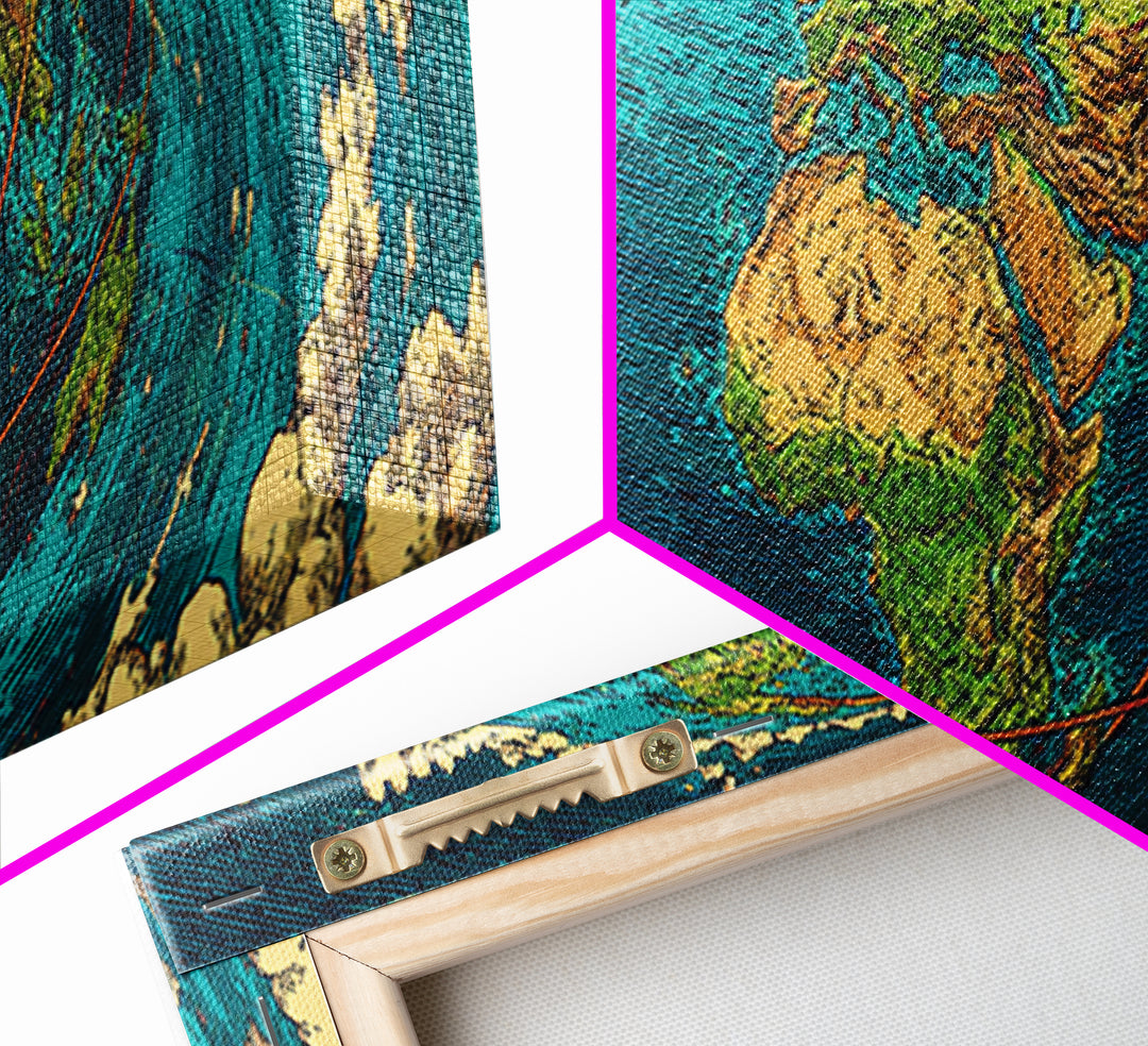 Turquoise Fisheye World Map Canvas Print, Panoramic Travel Wall Art, Modern Home Decor, Office Poster, Blue Green Artwork