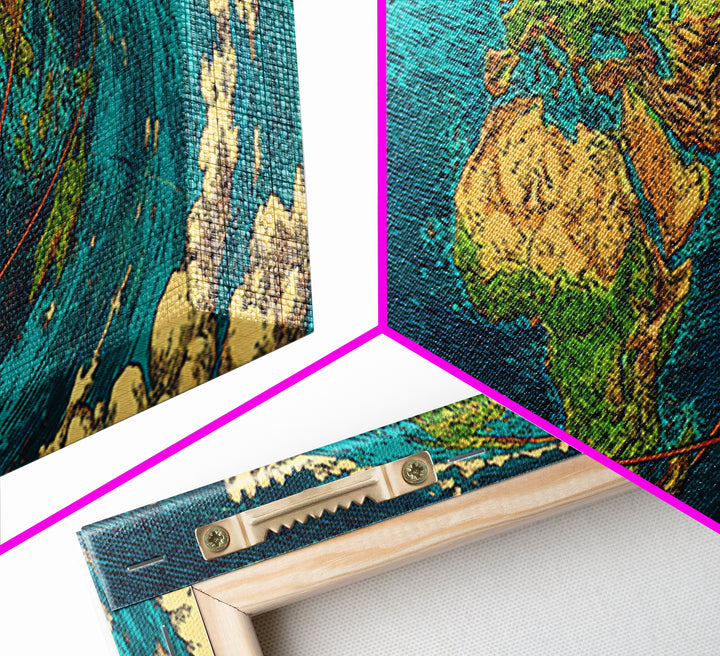 Turquoise Fisheye World Map Canvas Print, Panoramic Travel Wall Art, Modern Home Decor, Office Poster, Blue Green Artwork