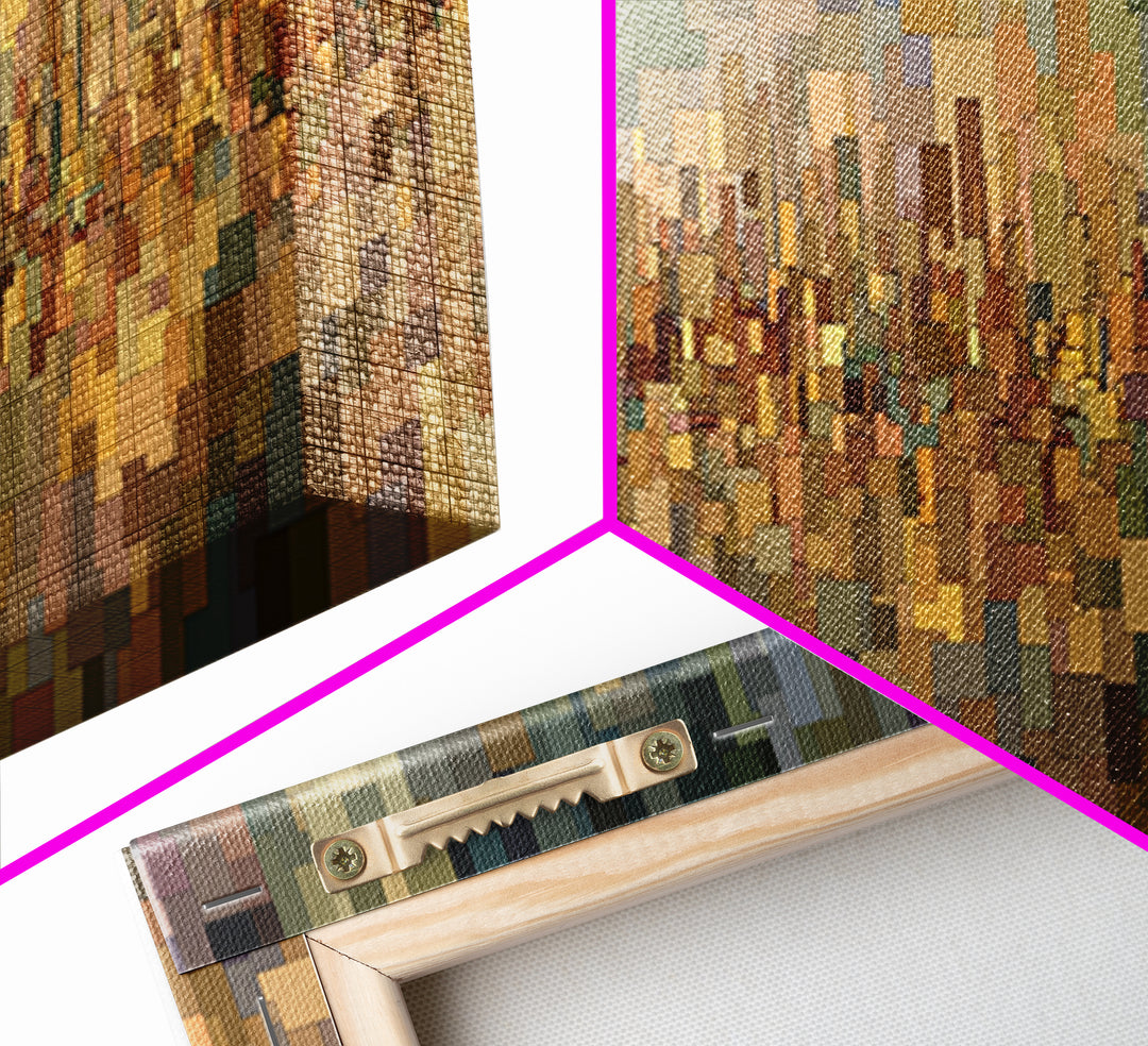 Golden Abstract City Reflection Wall Art, Modern Urban Panorama Print, Midcentury Modern Decor, Large Living Room Art Decor