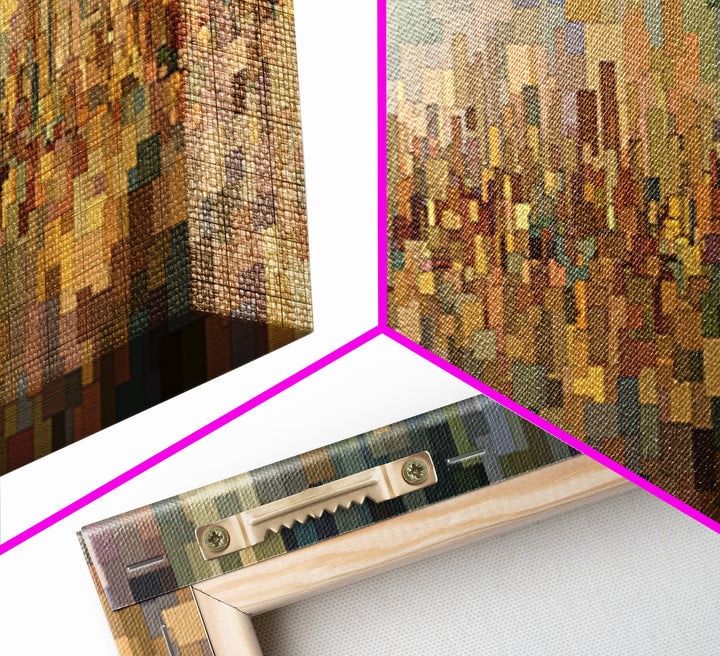 Golden Abstract City Reflection Wall Art, Modern Urban Panorama Print, Midcentury Modern Decor, Large Living Room Art Decor