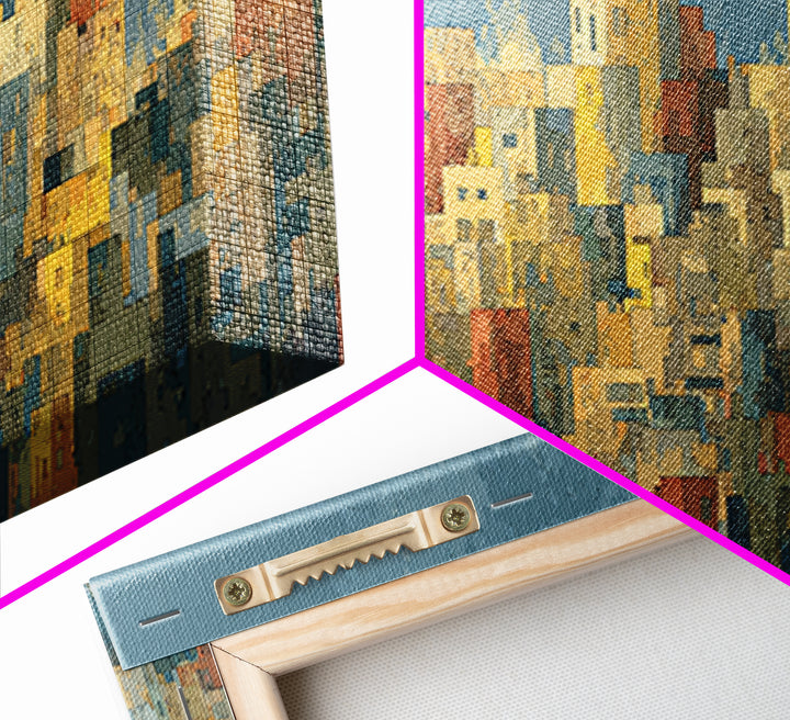Sunlit Abstract City Skyline Wall Art, Blue And Yellow Urban Print, Midcentury Modern Decor, Living Room Office Art Decor