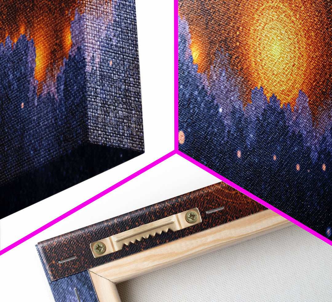 Golden Sun Over Blue Forest Wall Art, Cosmic Nature Canvas Print, Modern Abstract Poster, Moody Bedroom Office Decor Artwork