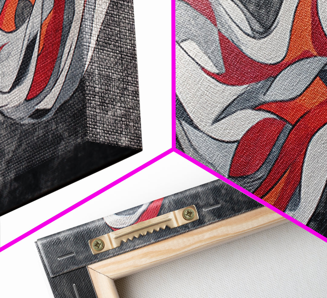 Flowing Red White Silver Ribbons Wall Art, Abstract Midcentury Modern Canvas Print, Retro Mcm Decor, Large Horizontal Art