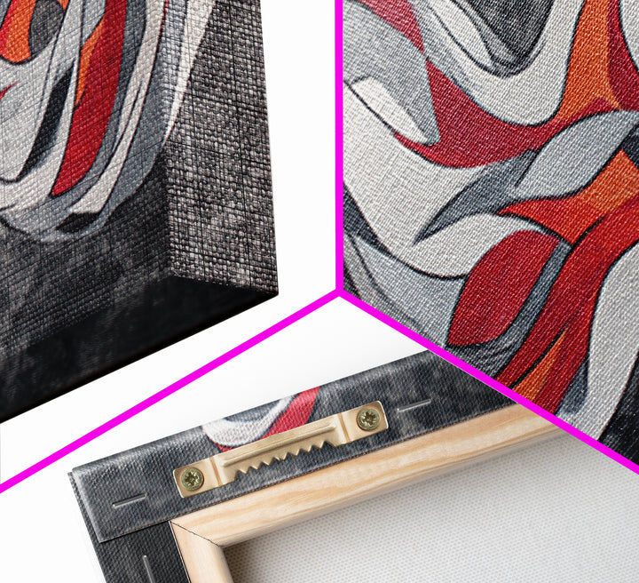 Flowing Red White Silver Ribbons Wall Art, Abstract Midcentury Modern Canvas Print, Retro Mcm Decor, Large Horizontal Art