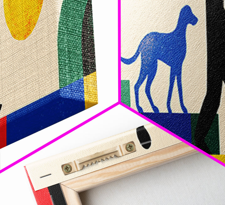 Sunny Geometric Dog Walker Wall Art, Mid Century Modern Canvas Print, Bold Primary Color Decor, Retro MCM Living Room Art