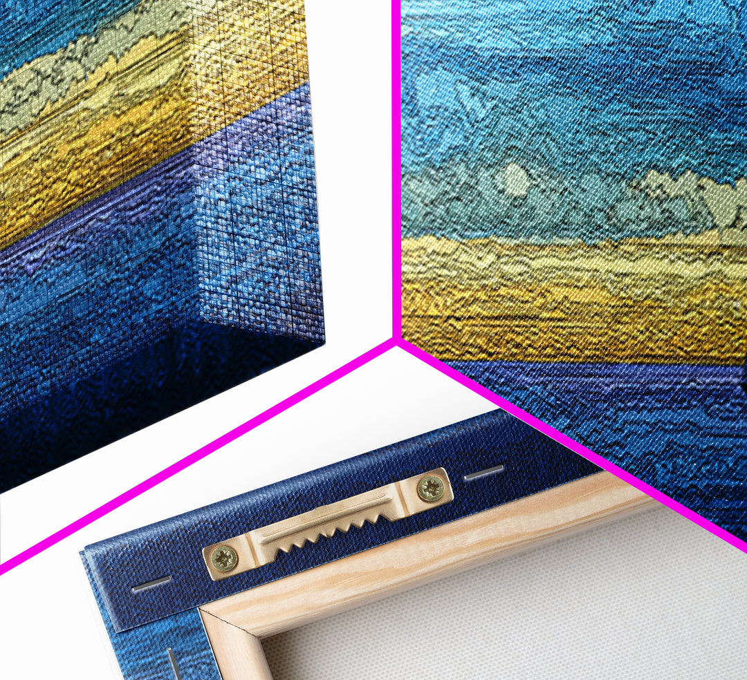 Tiny Sailboat On Golden Blue Horizon Canvas Print, Panoramic Seascape Wall Decor, Coastal Modern Art For Living Room Decor