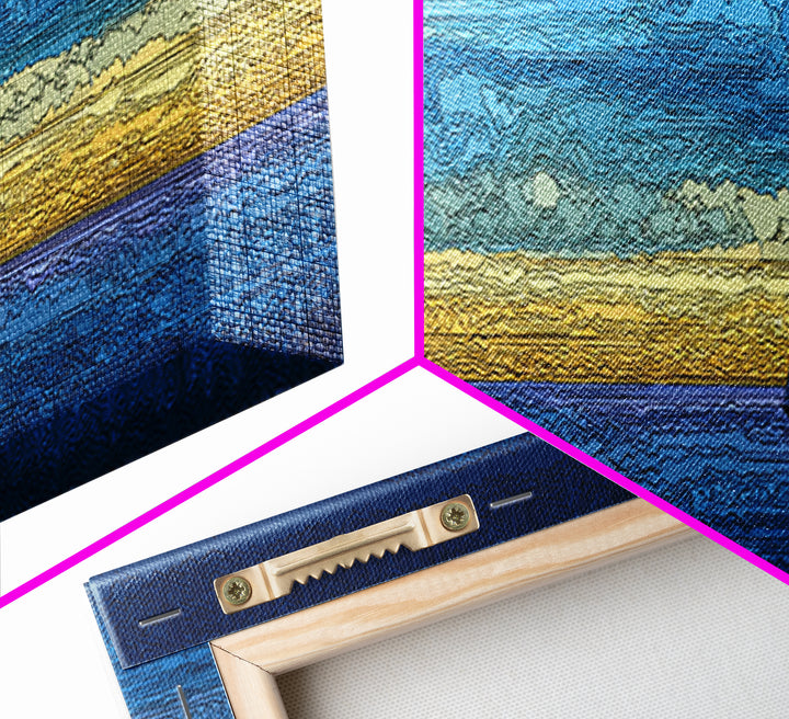 Tiny Sailboat On Golden Blue Horizon Canvas Print, Panoramic Seascape Wall Decor, Coastal Modern Art For Living Room Decor