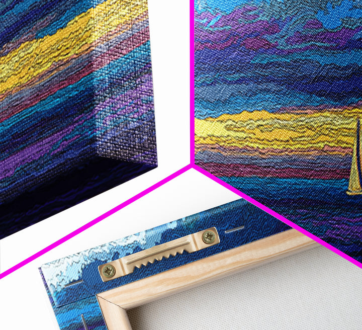 White Sailboat Under Stormy Purple Sky Framed Canvas Print, Panoramic Ocean Wall Art, Coastal Decor, Modern Blue Seascape