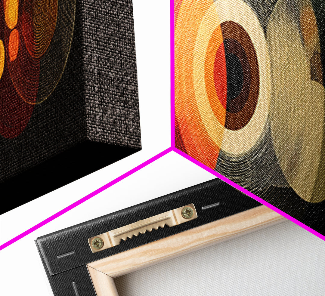Orange Optical Circles On Black Wall Art, Midcentury Modern Geometric Canvas Print, Atomic Abstract Retro Home Decor Poster