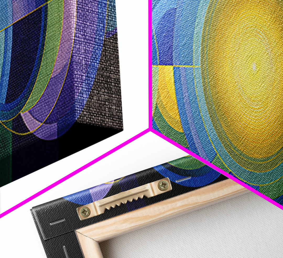 Radiant Yellow Center With Blue Green Circles Wall Art, Midcentury Modern Canvas Print, Geometric Abstract Statement Decor