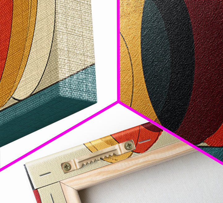 Overlapping Retro Circles In Ochre Red Blue And Cream Canvas Print, Midcentury Modern Art Print, Bauhaus MCM Wall Decor Poster