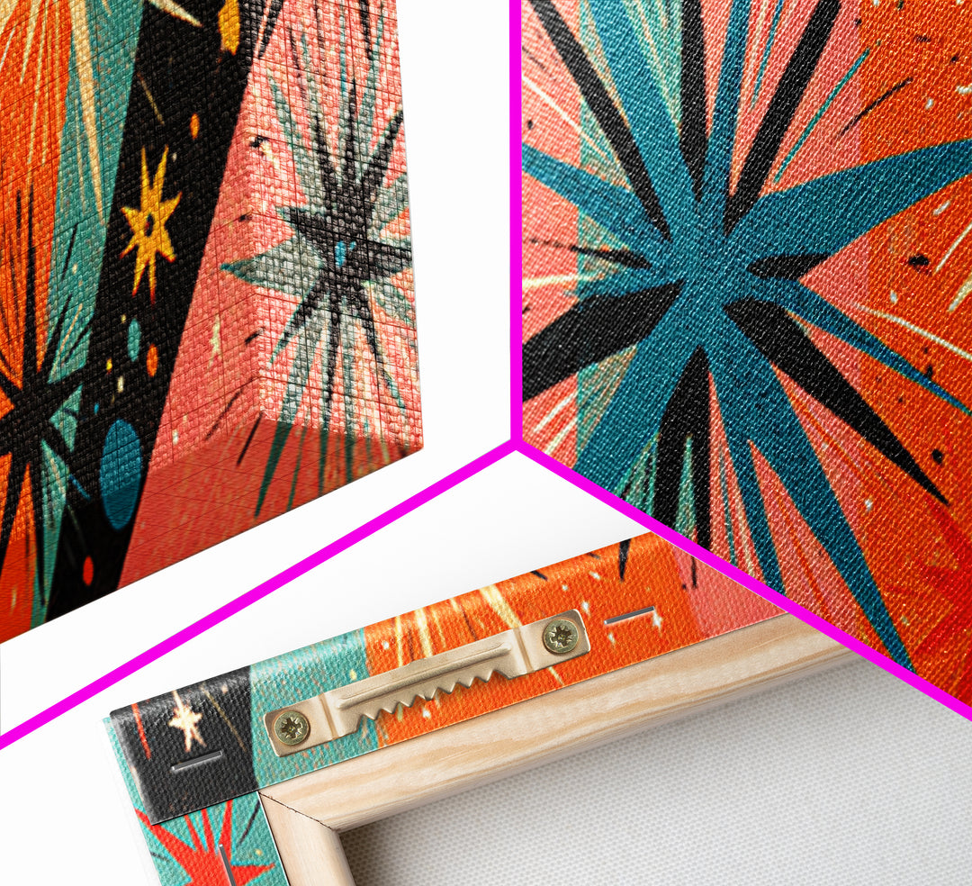 Orange Teal Atomic Starbursts On Coral And Black Canvas Print, Midcentury Modern Wall Art, Retro 50s 60s Home Decor Poster