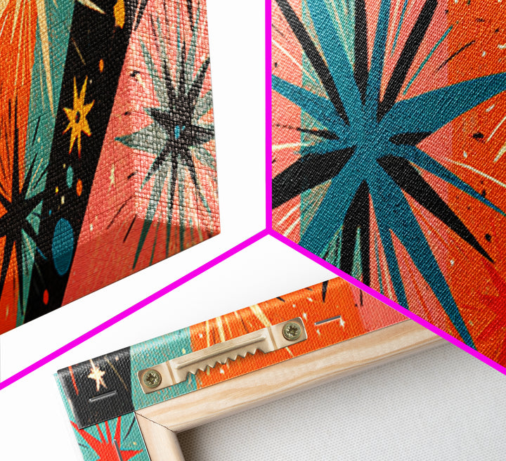 Orange Teal Atomic Starbursts On Coral And Black Canvas Print, Midcentury Modern Wall Art, Retro 50s 60s Home Decor Poster