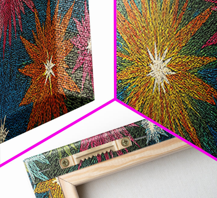 Scratchy Neon Fireworks In Pink Yellow Blue And Green Wall Art, Retro Atomic Starburst Print, Midcentury Modern Home Decor